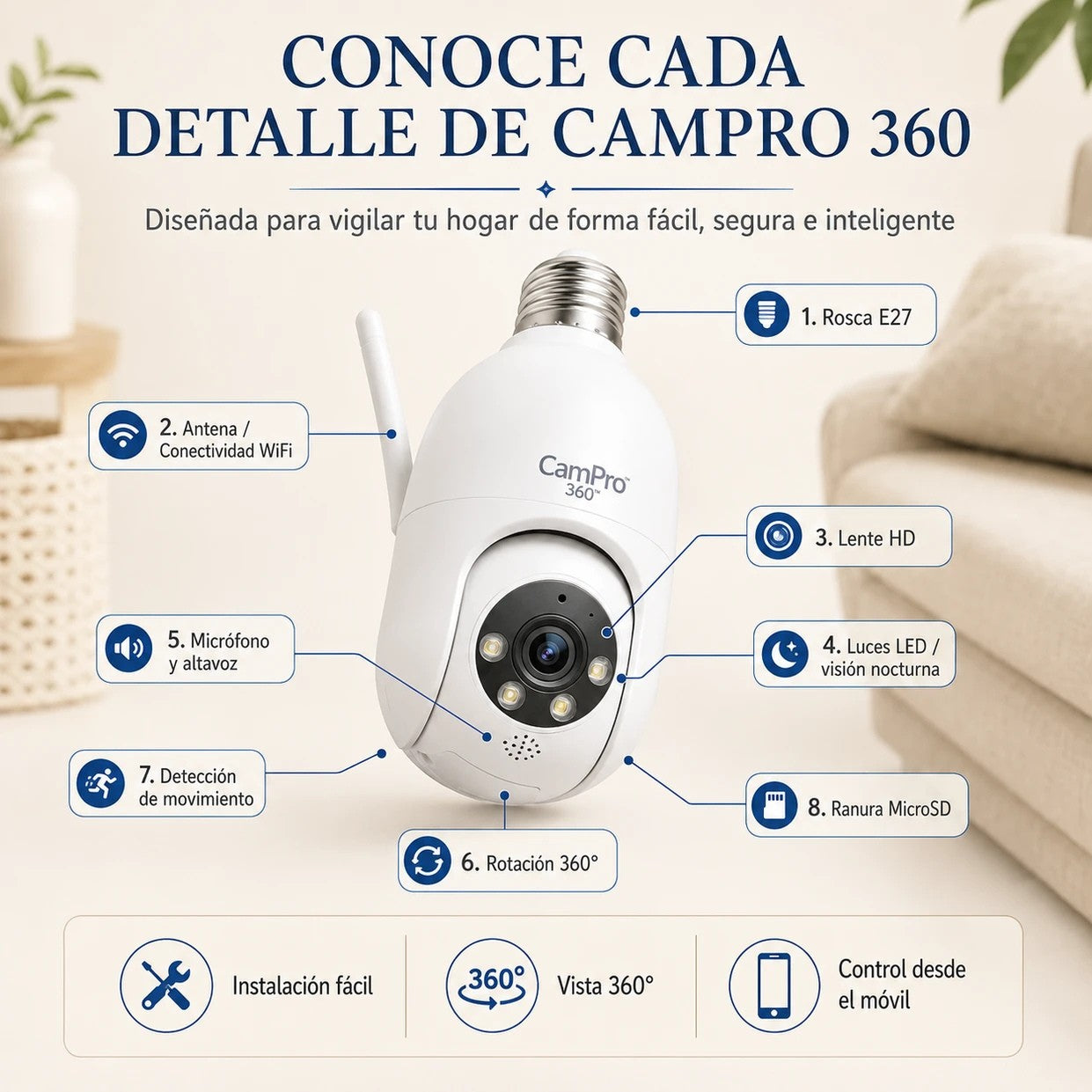 Cámara de Seguridad WiFi Tipo Bombilla